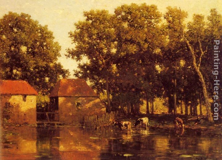 Willem Roelofs A Sunlit River Landscape With Cows Watering